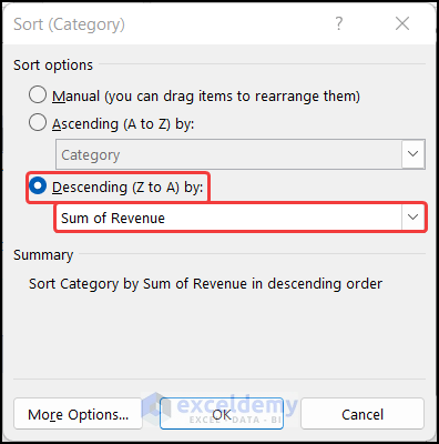 Defining criteria for data sorting in Pivot Table