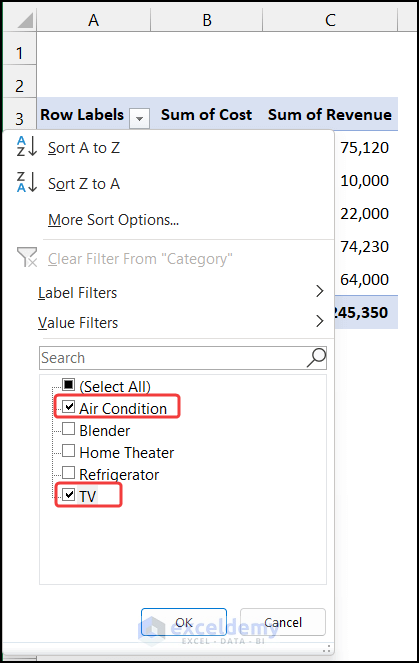 Choosing the entities for filtering in Pivot Table