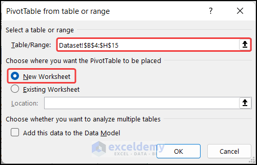 Defining the data range for creating the Pivot Table
