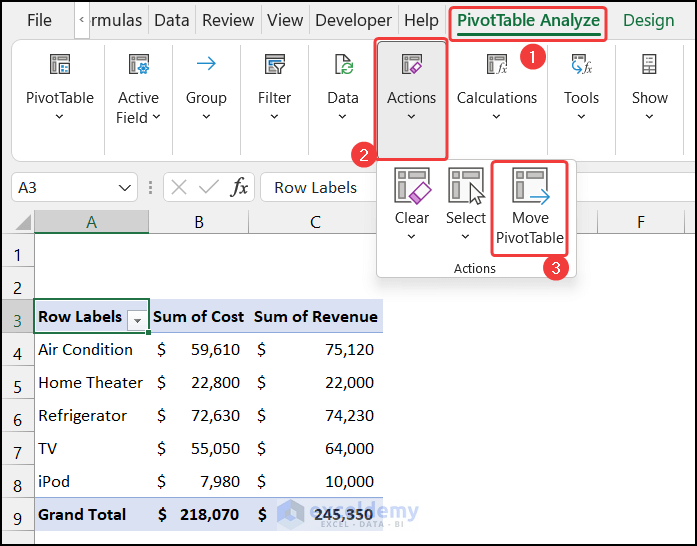 Selecting Move Pivot Table command to move the Table
