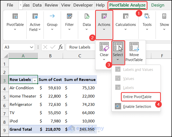 Selecting suitable command to remove the Excel Pivot Table Example