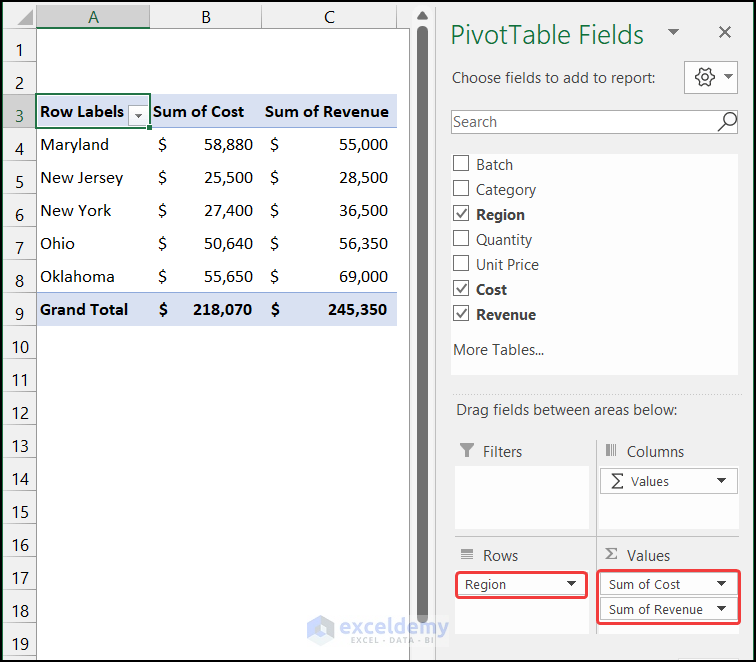 Inputting fields in different Pivot Table area