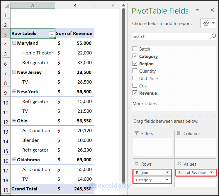 Output in Pivot Table for combination of field