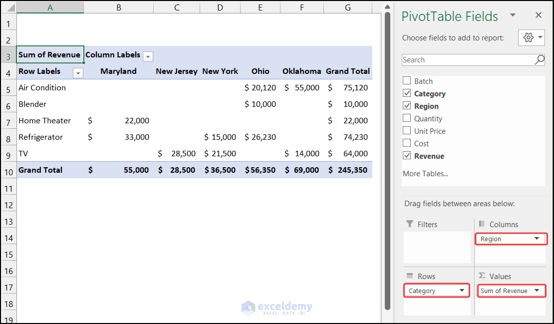 Output in Pivot Table for second combination of field
