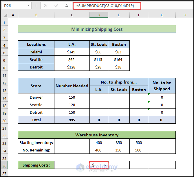 calculate shipping cost to dictate Example with Excel Solver to Minimize Cost