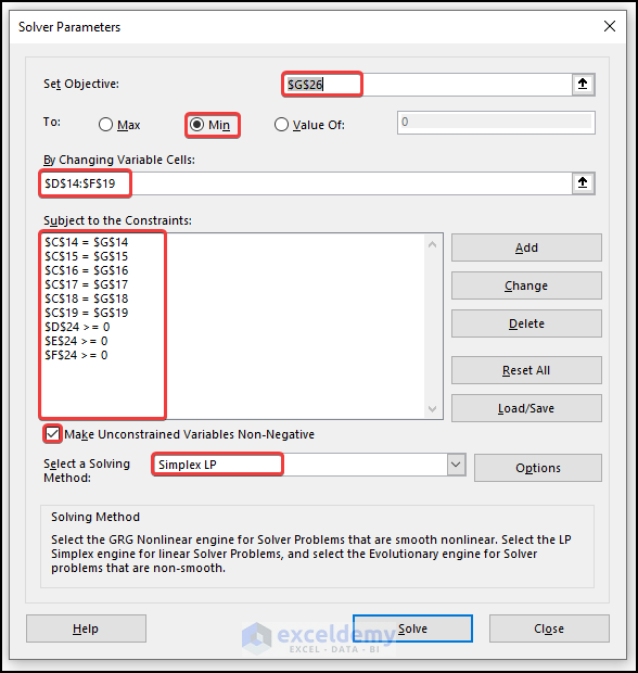 input parameters to demonstrate 'Example of Excel Solver to Minimize shipping Cost