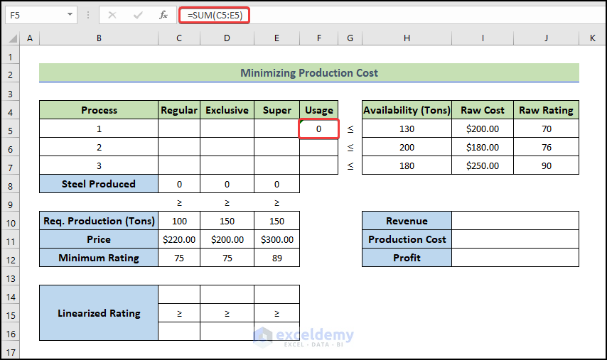 use sum function to illustrate 'Example with Excel Solver to Minimize Cost