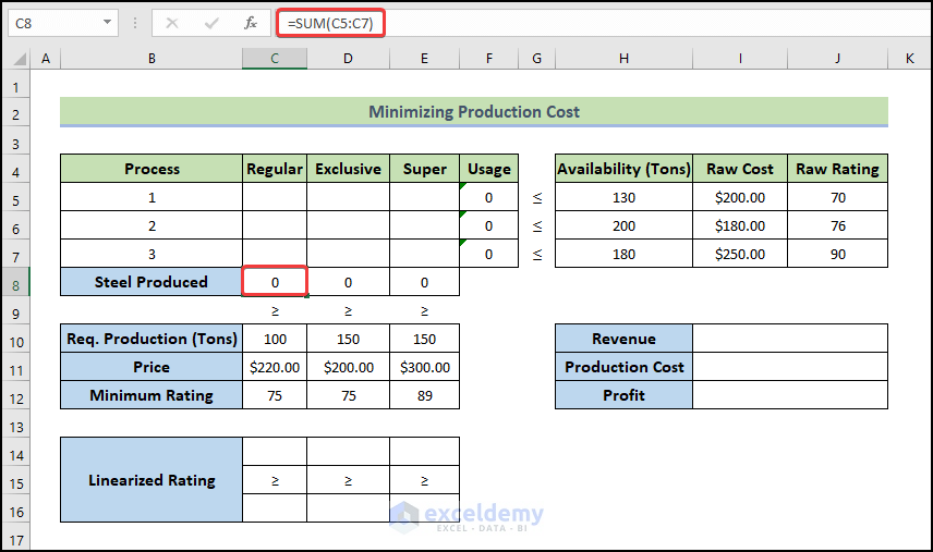 calculate steel to dictate Example with Excel Solver to Minimize Cost