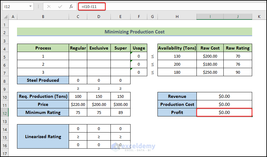 calculate profit to illustrate 'Example with Excel Solver to Minimize Cost