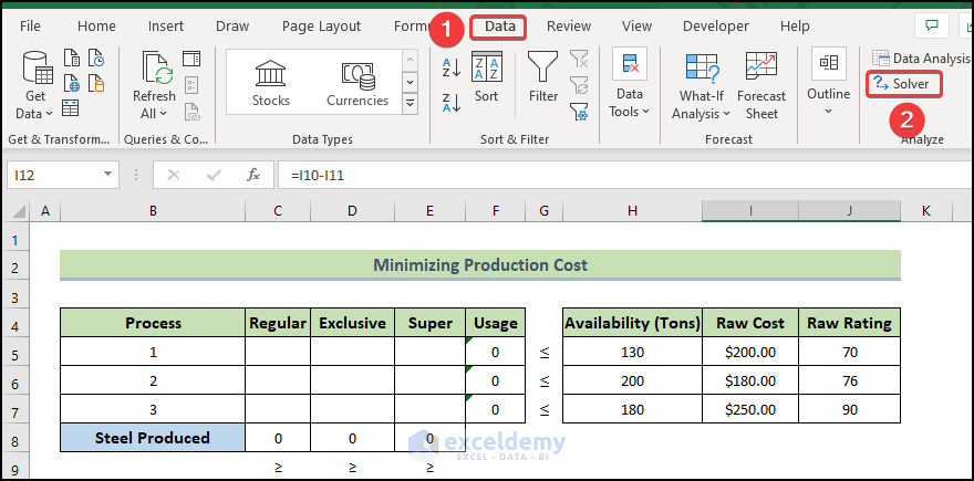 go to data tab to dictate "Example with Excel Solver to Minimize Cost'