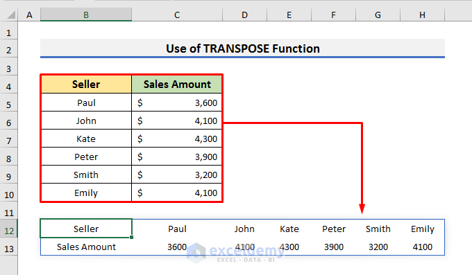 Insert Excel TRANSPOSE Function to Convert Vertical Column to Horizontal