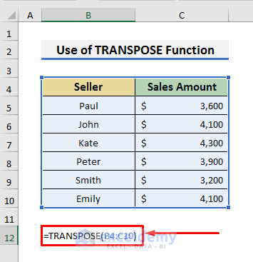 Insert Excel TRANSPOSE Function to Convert Vertical Column to Horizontal
