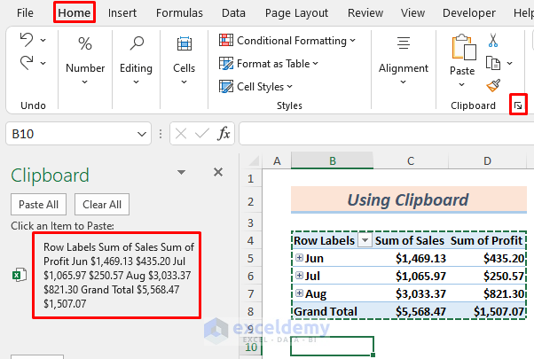 Applying Clipboard to Copy a Pivot Table