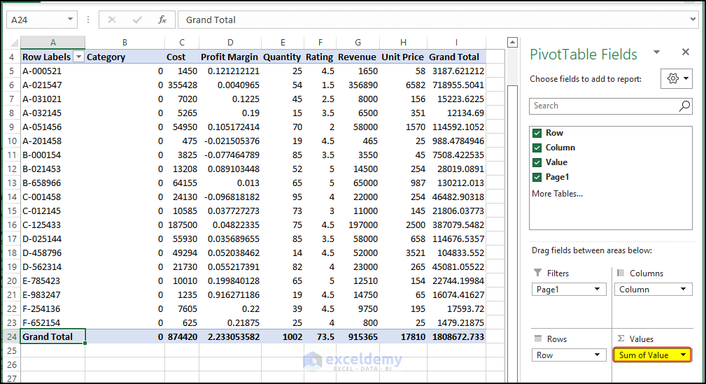 Output result of pivot table from different worksheet.