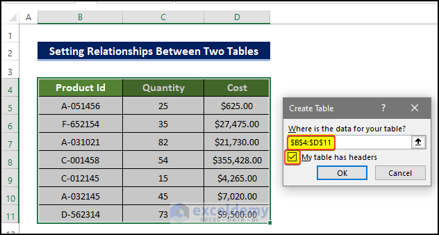 Table Input to create relationship between different worksheet