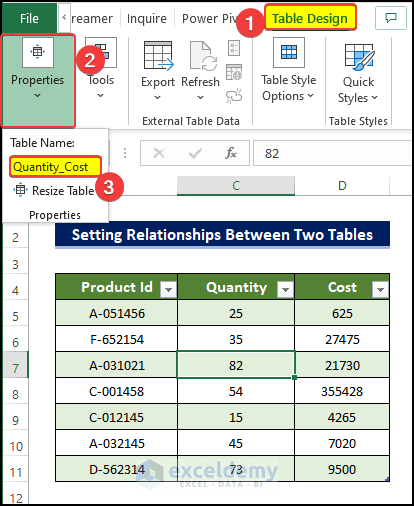 naming table to create relationships among worksheet to create pivot table