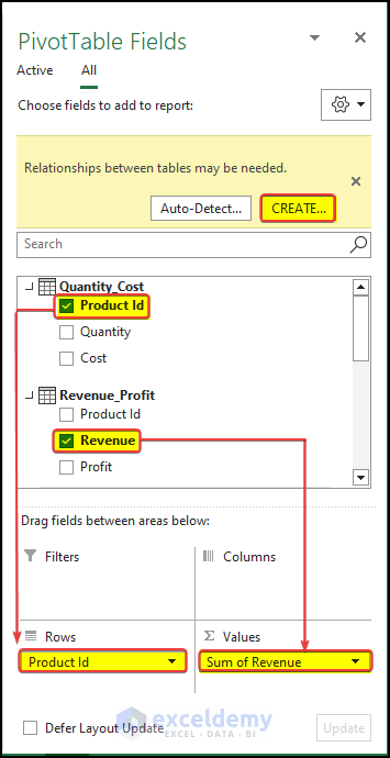 create relationships to create pivot table from different worksheet in Excel