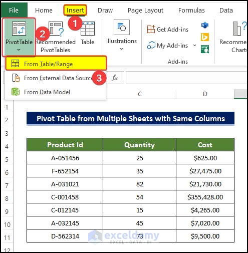 Create Pivot Table from different worksheets with Same Columns in Excel