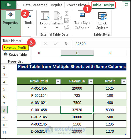 Change the table name to Create Pivot Table in Excel for Different Worksheets
