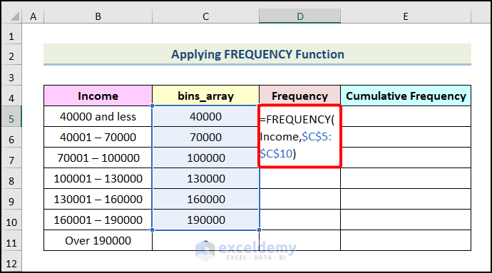 using FREQUENCY function to make a frequency distribution table in excel