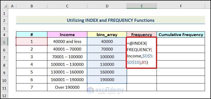 Utilizing INDEX and FREQUENCY Functions to make a frequency distribution table in excel
