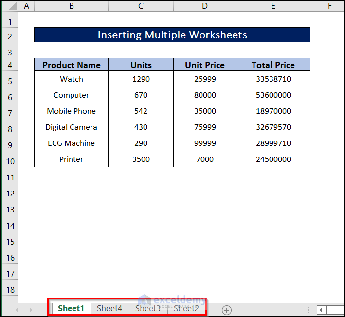multiple worksheets inserted in introduction to vba features and applications