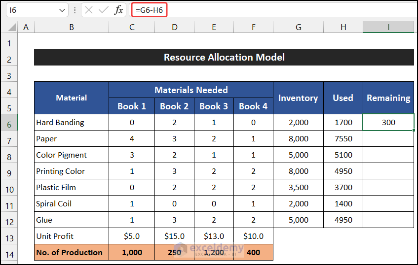 Using formula to calculate remaining inventory