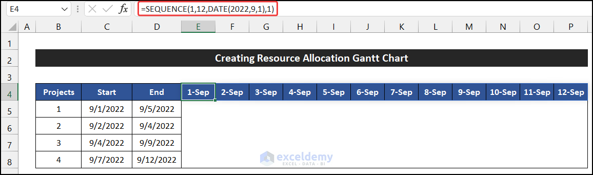 Using SEQUENCE function to get the date value in Gantt chart of resource allocation