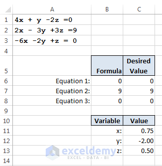 Solving simultaneous linear equations in Excel using Solver