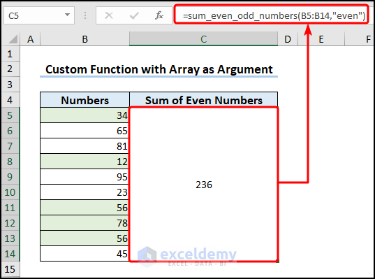 Using custom function to sum even numbers from number list