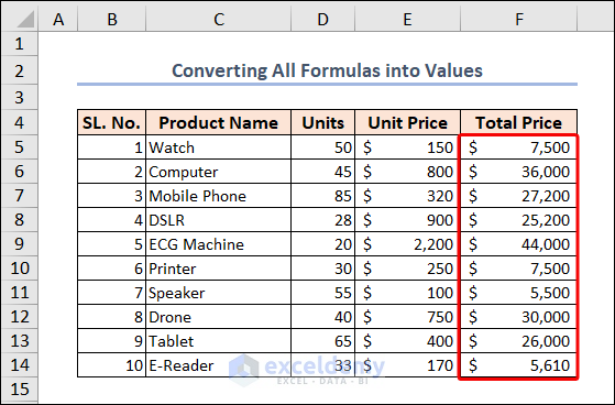 formulas converted into values