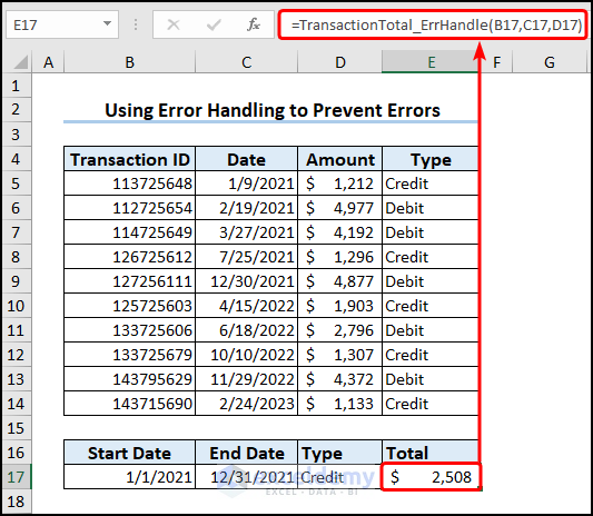 Using vba custom function to calculate transaction total