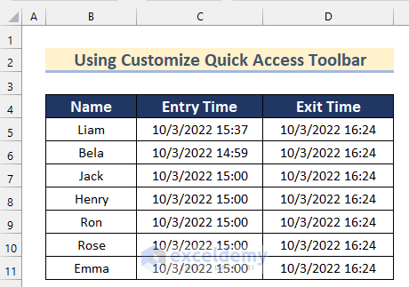 Getting All the Time Values after Adding a Macro to Your Quick Access Toolbar in Excel Using Customize Quick Access Toolbar