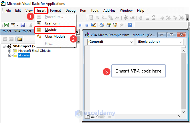 Inserting module in the visual basic for applications window to create VBA Macro example