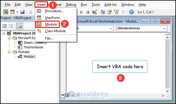 Inserting module in the visual basic for applications window