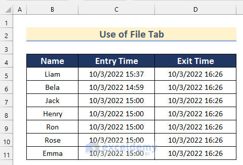 Getting All the Time Values after Adding a Macro to Your Quick Access Toolbar in Excel Using File Tab