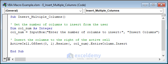 VBA macro example to insert multiple columns