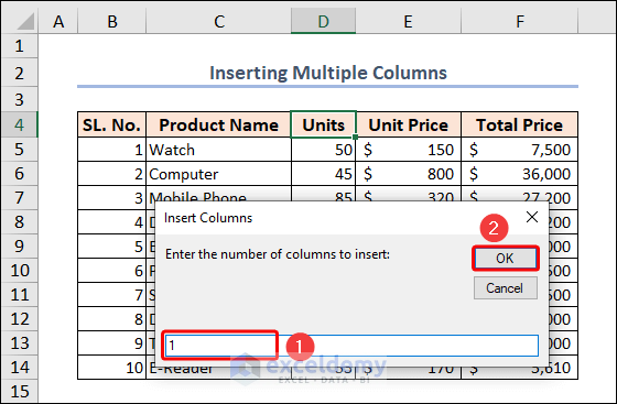 entering number of columns to insert in the input box