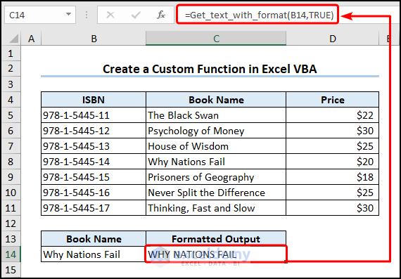 Using custom function to get formatted text in the adjacent cell