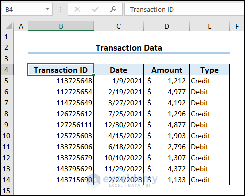 Transaction dataset showing transaction ID, Date, Amount, and Type