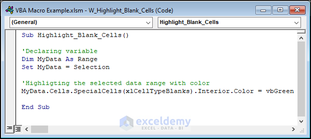 VBA code to highlight blank cells in excel