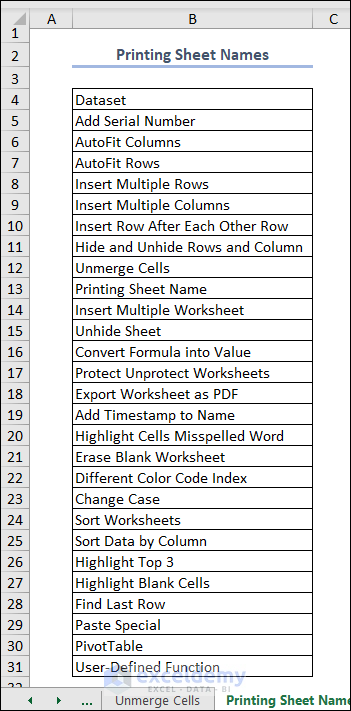 all remaining sheet names are printed in the worksheet