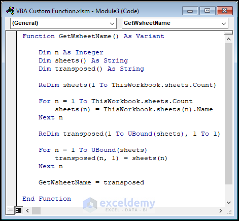 VBA custom function for getting worksheet names in the workbook