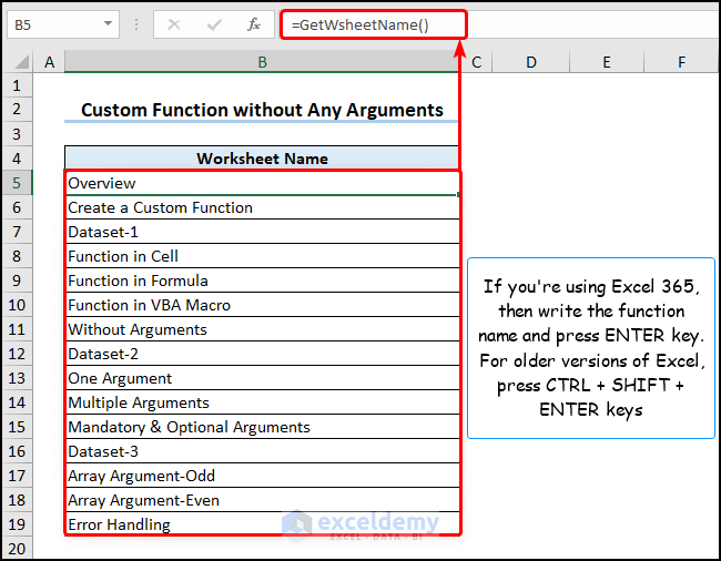 Using vba custom function to return worksheet names