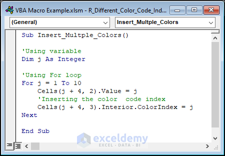 VBA macro to insert index number and corresponding colors in excel