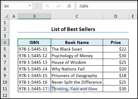 List of best sellers dataset showing ISBN, book name, and price