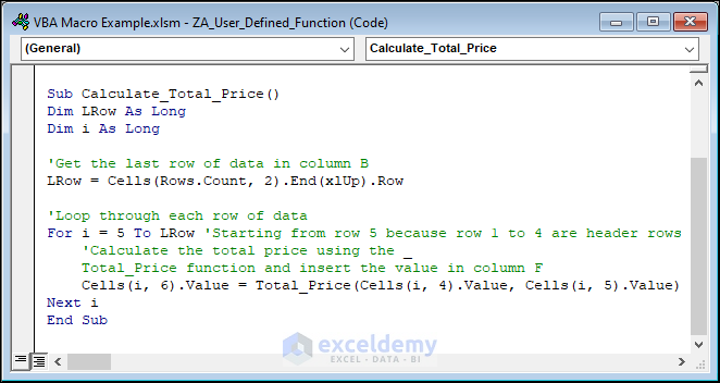 VBA macro to calculate value using user-defined function