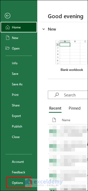 options in file tab