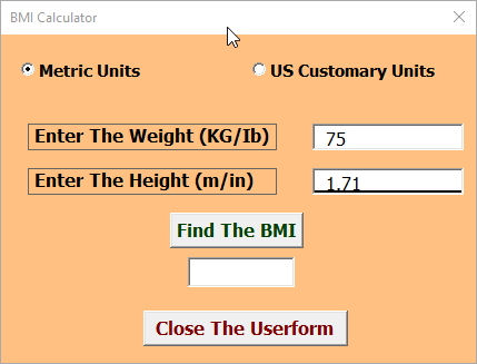 BMI Calculator-Excel VBA Userform Examples