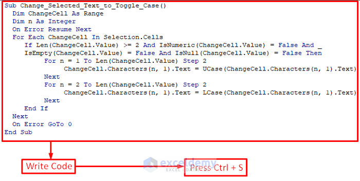 Excel VBA to Change Case of Selected Text to Toggle Case